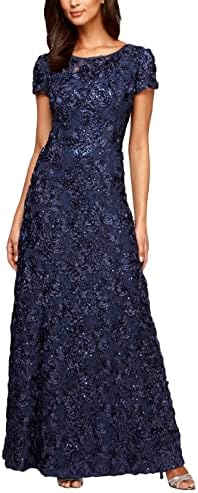 Alex Evenings Women's Long Rosette Lace Cap Sleeve Gown, Navy, 14