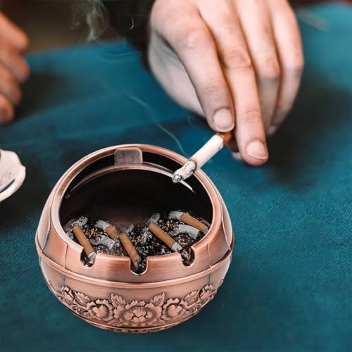 Image of HASTHIP Peacock Ashtray Retro Zinc Alloy Ashtray with Closing Lid Decorative Embossing Peacock Ashtry with 3 Cigarette Holder Grooves Home Gift Car Ashtry, 10x10x9cm