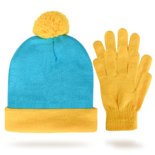Halloween Costume Set - Pom-Pom Hat and Gloves Warm Cartoon Knitted Hat for Christmas Parties Cosplay Accessories Yellow