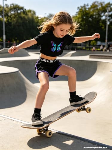 Image of Betusline Girls Summer 2 Piece Outfits,Kids Short Sleeve Crop Top & Shorts Set with Side Pockets