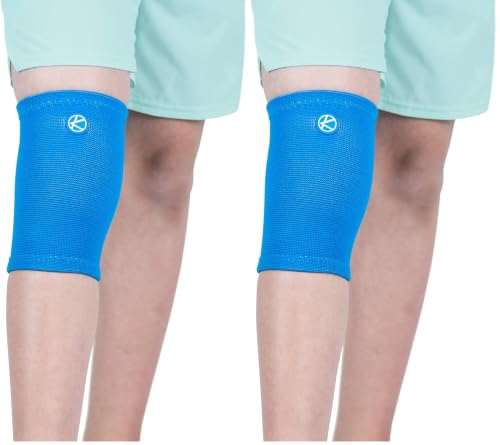 Image of KARM Kids Knee Brace Sleeve - Youth Knee Compression Sleeve for Kids, Child - Support for Pain, Sports, Football, Basketball, Gymnastics, Recovery, Boys & Girls (Blue) (Pack of 2)