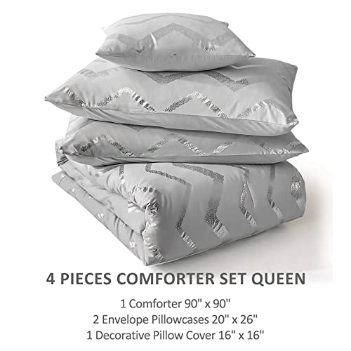 Grey And Silver Comforter Set Queen Size, Metallic Print Geometric Bedding Set, 4 Pieces Lightweight Microfiber Comforter For Teen Kids Boys Men (2 Pillow Shams + 1 Decorative Pillow Shams) #TOP6