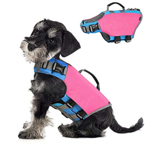 VavoPaw Hund Schwimmweste, Reflektierende Hundeschwimmweste Einstellbare Rettungsweste Ripstop Lifesaver mit Starkem Auftrieb und Rettungsgriff Hunde Schwimmhilfe zum Schwimmen, Bootfahren, S Rosa Cover