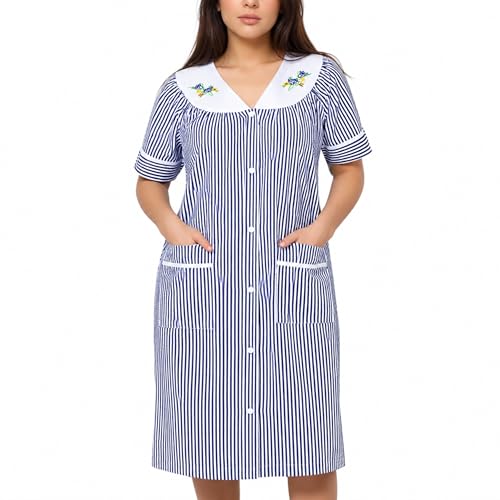 Image of Women's Short Sleeve Woven Snap-Front Closure Striped Embroidery Housecoat Duster Nightgown with Front Pockets