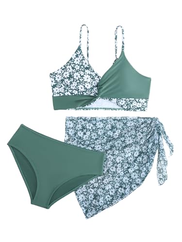 Image of Girl's 3 Piece Bikini Set Floral Print Front Knot Swimwear Bathing Suit with Wrap Cover Up Skirts Green 12Y