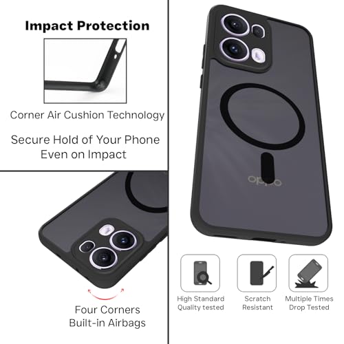 Image of RIGGEAR Shockproof Sleek Hybrid Armor Magnetic Back Cover Case Compatible with MagSafe Accessories for Oppo Reno 13 Pro / Reno13 Pro 5G (Smoke Black Matte PC + Black TPU Bumper)