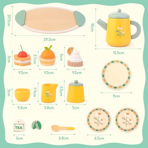 Tea Party Set Wooden Toys for Toddlers Little Girls 3-5, Kids Play Kitchen Tea Set Montessori Toys, Pretend Toys Wooden Kitchen Sets, Birthday Easter for Kids 3 4 5 6 Year Old