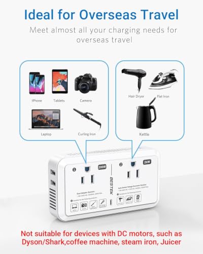 Image of BESTEK US to UK Plug Adapter Voltage Converter 2000W 220V to 110V Converter with 2 USB Ports, Type G Adapter for UK Ireland Scotland and Hong Kong