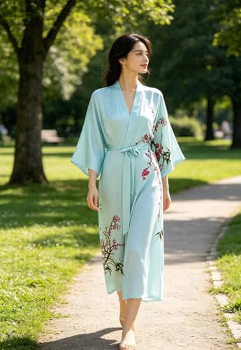 Image of Women's Classic 100% Silk Kimono Robe, Bathrobe-Printed Pattern