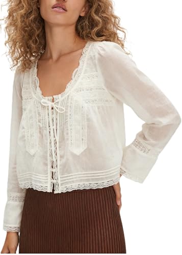 Women Summer Sheer Tie Front Top Y2k Peplum Chiffon Blouse Eyelet Long Sleeve Flowy Lace Beach Cover Up Boho Tops