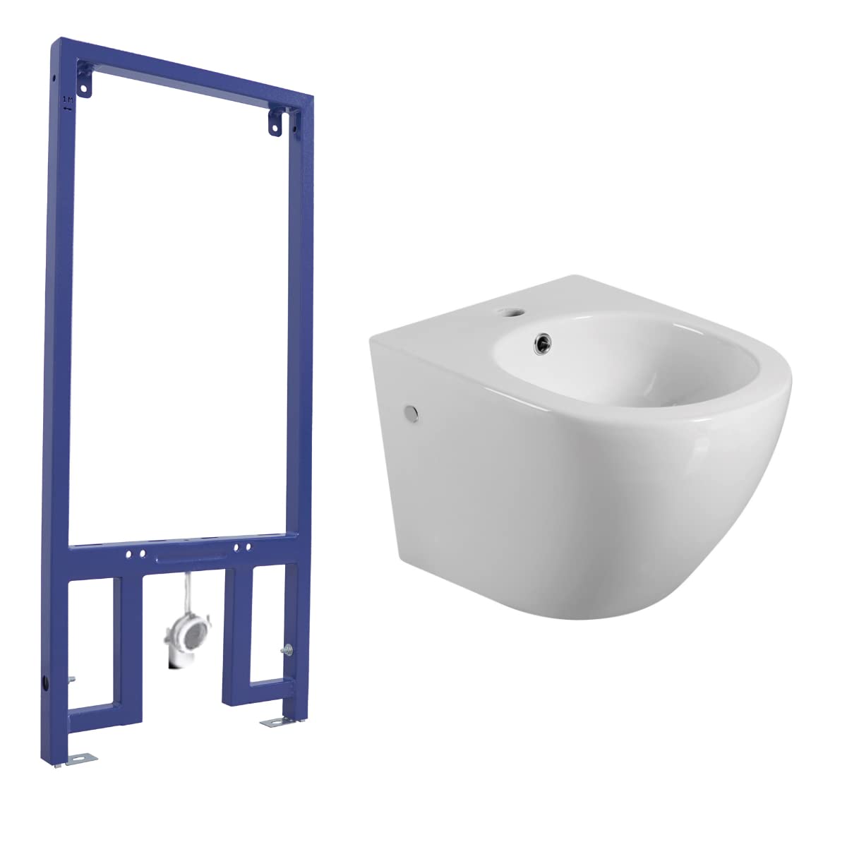 Pack Bidet Suspendido Cerámico de Baño con Bastidor para Bidé | Bidé al Aire de Fondo Reducido Sin Tapa Redondo Cerámico Moderno y Fácil Limpieza | Acompañado de Bastidor | Blanco Brillo