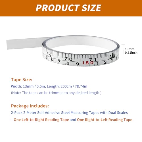 2-Pack Steel Self-Adhesive Measuring Tape, Imperial & Metric Stick-on Ruler, Left to Right and Right to Left Reading Tape Measure for Woodworking, Workbench, Table Saw, Drafting Table, 200cm/78Inch