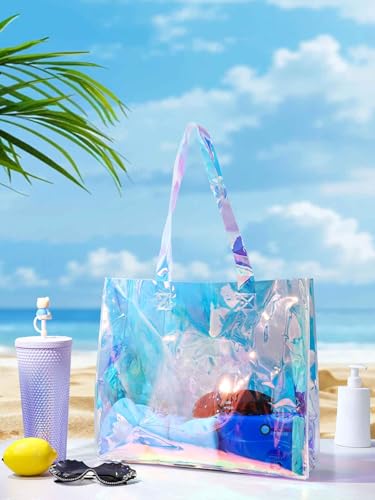 Woeoe Holographic Iridescent Tote Bag for Women Waterproof Beach Bags Clear Shoulder Handbag for Pool Stadium3