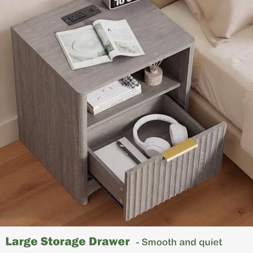 Image of Marsail Fluted Nightstand Set of 2, Wooden Nightstands with Drawers, Modern Bedside Table with Charging Station and Storage, End Table with Storage Side Table for Bedroom, Grey