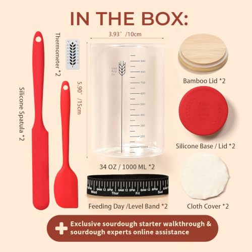Image of Sourdough Starter Jar Kit,34oz Large Wide Mouth Sour Dough Jar Glass | Sourdough Bread Baking Supplies, Sourdough Tools for Beginners and Pro, Dishwasher-Safe, Borosilicate Glass, 2 Pack