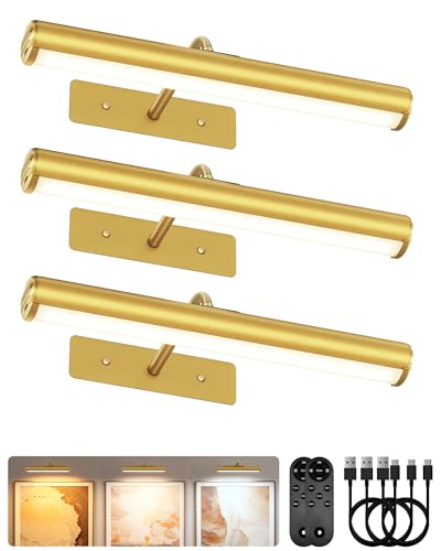 Image of EZVALO 13in Wireless Picture Lights, 4000mAh Rechargeable Art Light with Remote, Dimmable 3 Color Temps, Battery Operated Wall Light for Living Room, Gallery, Painting (Gold, 3 Pack)