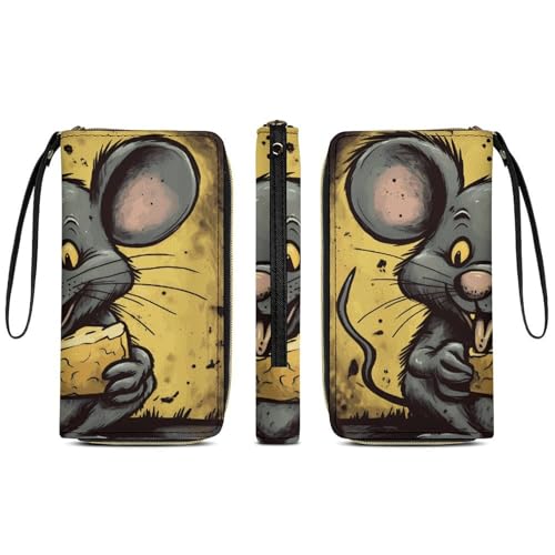 Rat Eats A Piece of Cheese Leather Wallet Smooth Zip Around Clutch Wristlet Travel Long Soft Purse for Women3