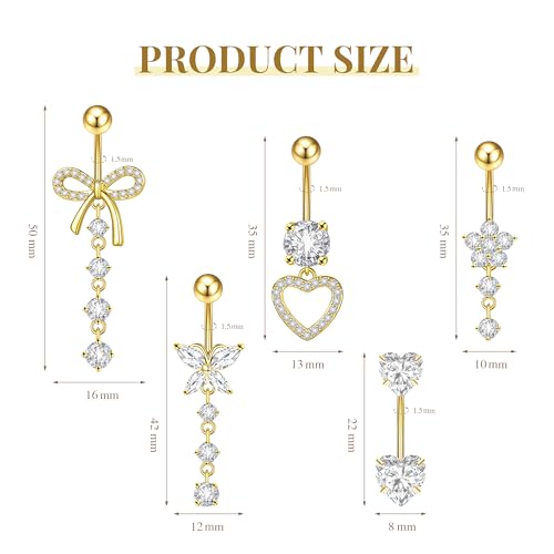 Nelytiya 5Pcs Gold Belly Button Ring Dangle Cute Surgical Steel Belly Button Rings Hypoallergenic Navel Piercing Jewelry For Women — view 6