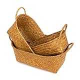 Woven Basket with Handle, Wicker Storage Baskets, Oval Natural Rattan Woven Shelf Baskets for Organizing, Storage Bins Organizers for Fruit Kitchen Living Room Bedroom Bathroom Tabletops (Set of 3)
