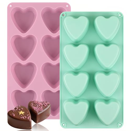 Image of Sakolla 2 Pack 8 Cavity 2.7″ Heart Chocolate Molds Silicone | Food-grade Silicone Molds, Soap Making Molds for Chocolate, Candy, Mousse, Cake Pop, Jelly, Pudding