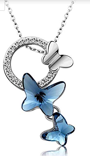 Valentine Gift By Shining Diva Italian Designer Platinum Plated Crystal Butterfly Earrings Chain Pendant Necklace Combo Jewellery Set for Women and Girls (Blue) (14603s) - Image 4