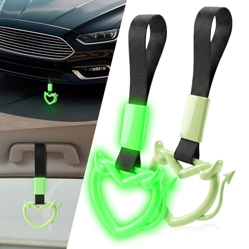 Image of 2 Pcs Devil Heart Shaped Car Handle Strap - JD M Drift Charm Rear Bumper Warning Ring Decor for Car Interior Exterior, Subway Bus Handle Accessory, Cute Heart Car Decor Gift (Luminous-Tail)