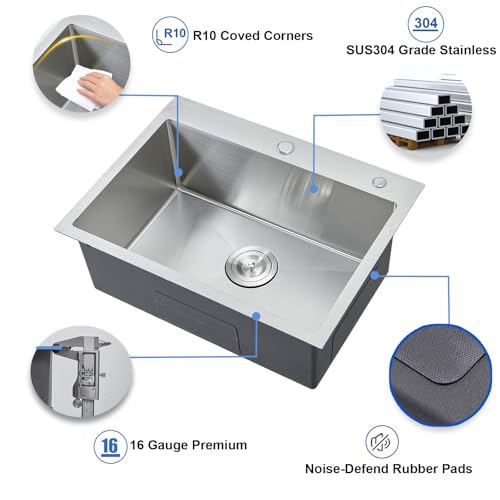 IKEBANA 24 x 18 Inch Brushed Nickel Kitchen Sink Drop in, 16 Gauge Stainless Steel Wet Bar Sink Topmount Single Bowl Small Kitchen Sinks, Outdoor RV Prep Sinks With Dish Grid& Drain by IKEBANA - Used condition - Image 5