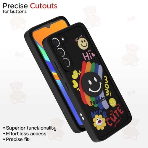 Image of Pikkme Back Cover for Samsung Galaxy S23 5G | Soft Silicone| Cute Rainbow Smile & 3D Cartoon Flower Design | Shockproof Raised Camera Protection Bumper Case (Black)