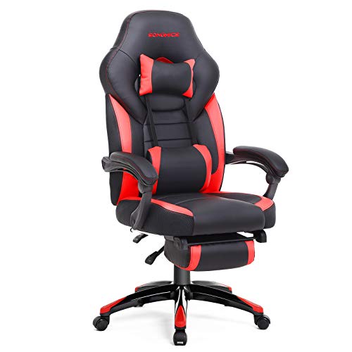 Preisvergleich Produktbild SONGMICS Gaming-Stuhl mit Fußstütze, ergonomischem Design, verstellbarer Kopfstütze, Lordosenstütze für das Büro (150 kg Tragkraft) Schwarz Rot