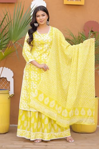 Image of PARTHVI Women's Printed Calf Length Straight Kurta & Skirt With Dupatta Set