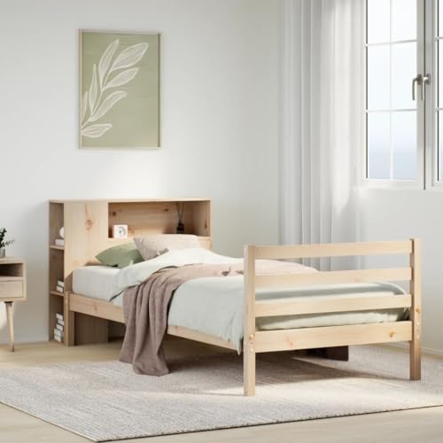 Homgoday Cama con estantería sin colchón Madera Maciza de Pino 75x190 cm Cama Doble/Cama de Invitados/Cama de Invitados,Cama con Estante y somier de láminas, sin colchón