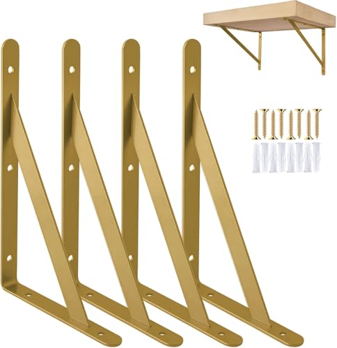Ouvin - Supports d'étagère triangulaires dorés à angle droit 30,5 cm en acier laminé à froid, montage mural, lot de 4