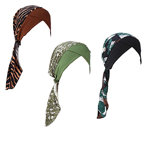 zmdnys 3Pack Women Soft Chemo Head Scarf Turbans Elastic Sleep Hat Cap Headwear for Mature Older (Black Green Coffee)