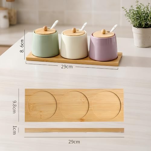 Image of 3-Piece Ceramic Spice Jar Set with Natural Bamboo Lids, Serving Spoons, and Base Organizer Tray, Pastel Multicolor Condiment Pots, 250ml Each for Masala, Sugar, Ghee, Salt, Countertop Storage