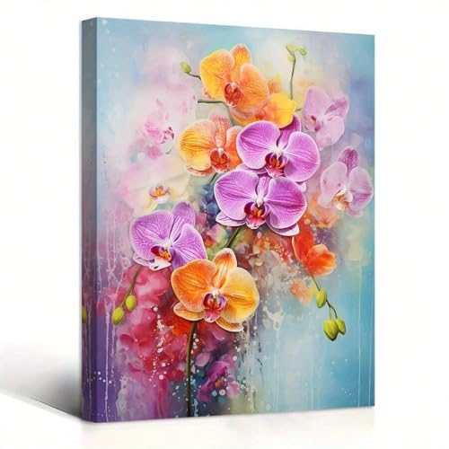 Toile orchidées violettes et jaunes 50x70cm cadre pour salon