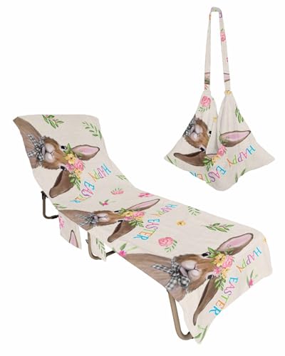 Bunny Eater Beach Lounge Chair Towel Cover, Soft Chaise Lounge Towel with Side Pockets Patio Pool Chairs Cover for Beach/Pool Sunbathing 29x85 Spring Floral Botanical Rustic