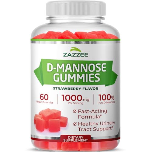 Zazzee D-Mannose Gummies, 1000 mg per Serving, 60 Vegan Gummies, Strawberry Flavor, Non-Sugar-Coated, Potent & Fast-Acting, All-Natural Urinary Tract Health Support, Made in The USA