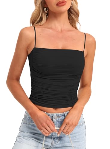 Darong Women Padded Double Lined Ruched Tank Tops Bulit in Bra Summer Spaghetti Strap Going Out Crop Tank Shirts4