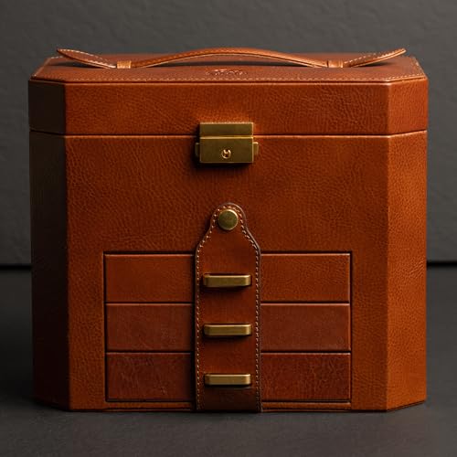 Image of Time Resistance Leather Jewelry Box - Full Grain Leather Jewellery Organizer - Lock Box for Women (Cognac Brown)