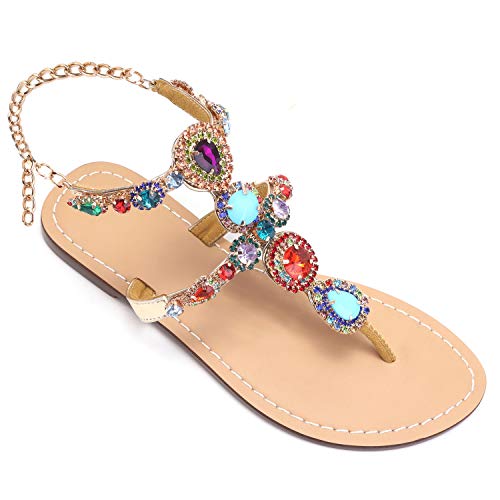 Image of Women's Rhinestone Flat Sandals, Women Flip Flops with Clip Toe RingBeadeed Rhinestone Crystal Jeweled Sandal Shoes for Summer Beach Oceanside Holiday Outdoor