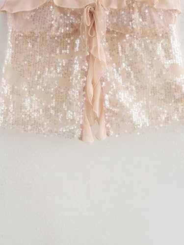 Lunoakvo Women Chic Sequined Pleated Ruffle Tank Top Backless Crop Spaghetti Strap Chiffon Sling Camisole4