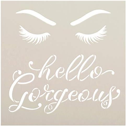 Hello Gorgeous Script Stencil with Eyelashes by StudioR12 | DIY Bathroom & Bedroom Home Decor | Craft & Paint Wood Signs | Select Size (12 x 12 inch)