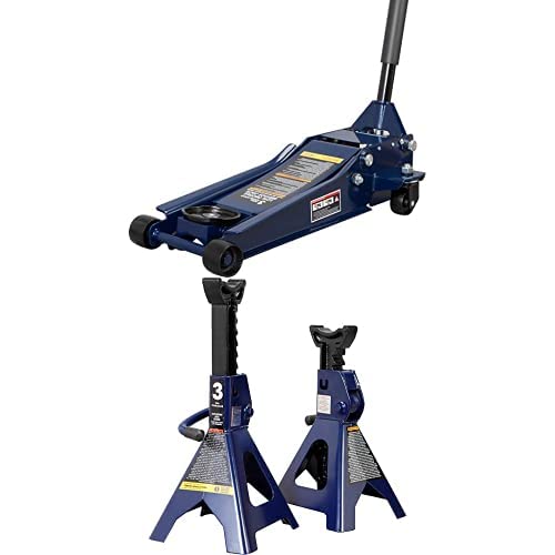 Tce Atz830026Xu Torin Hydraulic Low Profile Heavy Duty Steel Service/Floor Jack 3 Ton (6,000 Lb) Capacity, Blue & At43202U Torin Steel Jack Stands: 3 Ton (6,000 Lb) Capacity, 1 Pair #TOP13