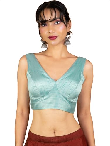 Image of FIGURE'S DESIGNER Women's Dupion Raw Silk Sleeveless V Neck Sabyasachi Cut Readymade Saree Blouse Padded Stitched S4