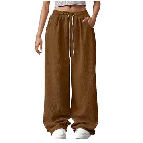 HGps8w Womens Versatile Wide Leg Corduroy Pants 2025 Fall Loose Drawstring Waist Baggy Palazzo Pants with Pockets