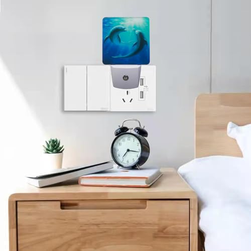 Image of Blue Dolphins Plug-in LED Night Light,Smart Auto Dusk to Dawn Sensor Night lights Plug into Wall, Ocean Animal Nightlight for kids,Energy Efficient Night light for Bedroom,Bathroom,Kitchen,Stairs
