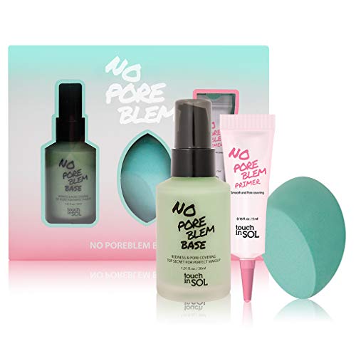 TOUCH IN SOL No Pore Blem Primer Base Kit (Base 30ml + Makeup Sponge Blender 1 Pcs + Primer 5ml) - Redness & Pore Covering Green Toned Makeup Base Primer, Color, Minimize Rosacea, Redness