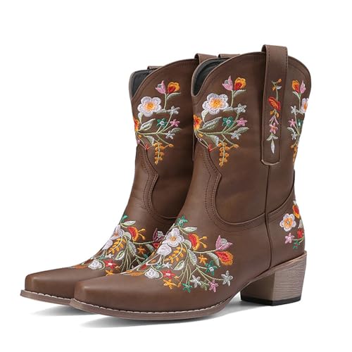 Cowboy Boots for Women Low Heel,Women's Flower Embroidered Ankle Cowgirl Boots Floral Snip Square Toe Western Cowboy Booties Chunky Heel Pull On Short Boot Shoes