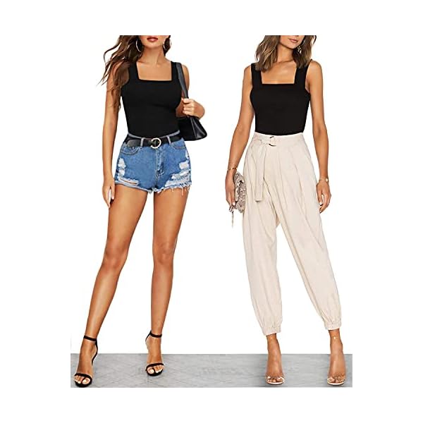 MANGOPOP-Womens-Square-Neck-Sleeveless-Tank-Top-Long-Sleeve-Bodysuits-Jumpsuits MANGOPOP Tank Top Bodysuit for Women Square Neck Sleeveless Body Suit(Medium,Black)