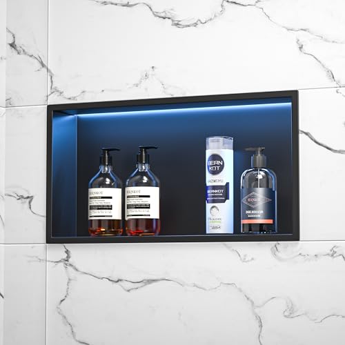 Bernkot Wandnische Dusche Edelstahl mit RGB LED, Wandnische Bad Nische Duschnische Befliesbar mit Fernsteuerung 60cm×30cm, Schwarz